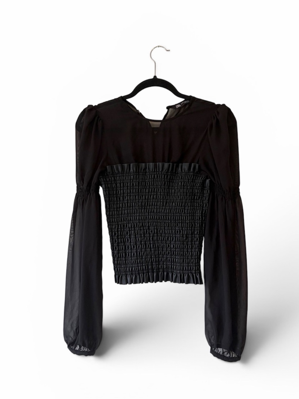 Zara Black Smocked Blouse with Sheer Long Sleeves - Picture 2 of 6